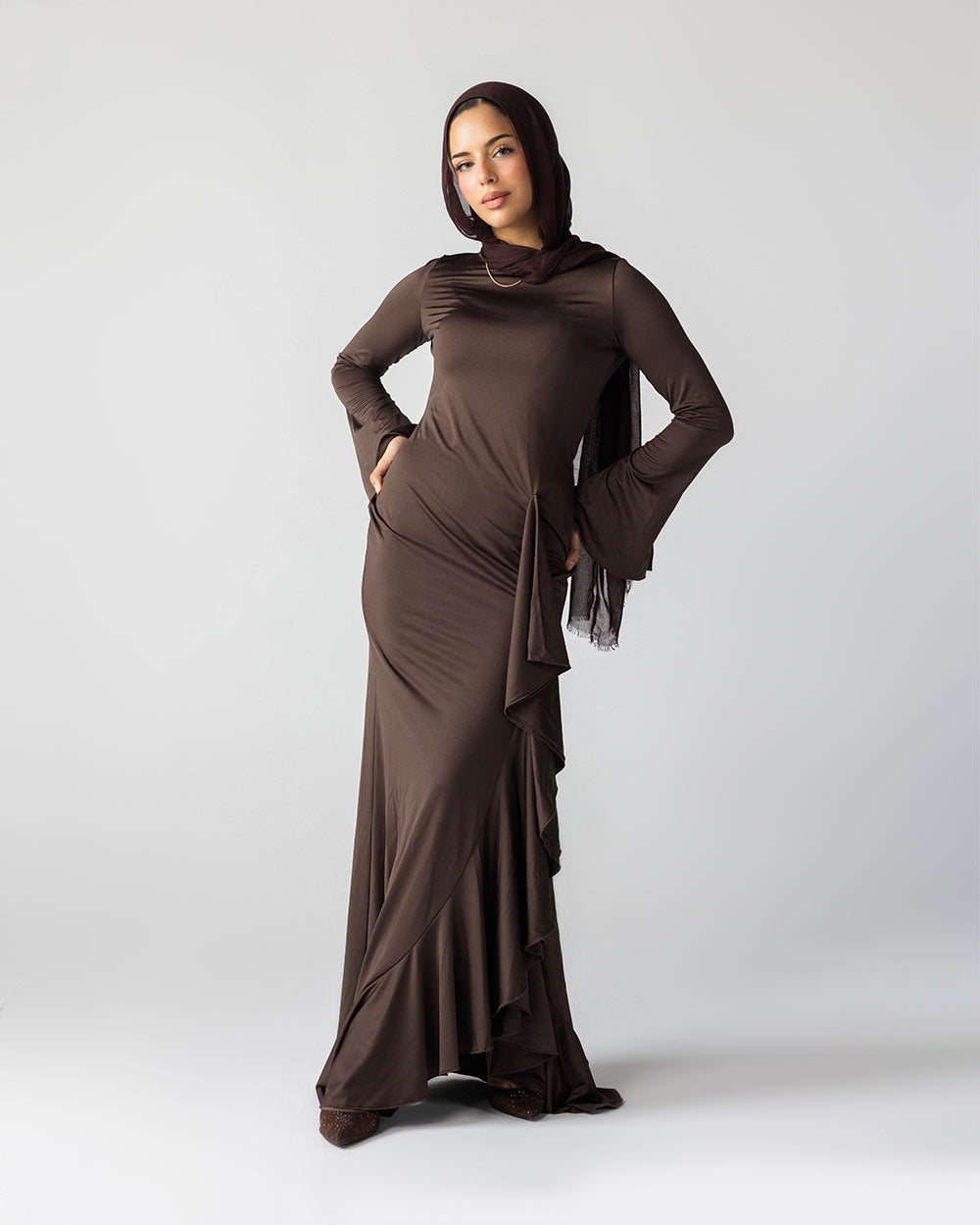 Ruffled Dress In Chocolate Brown