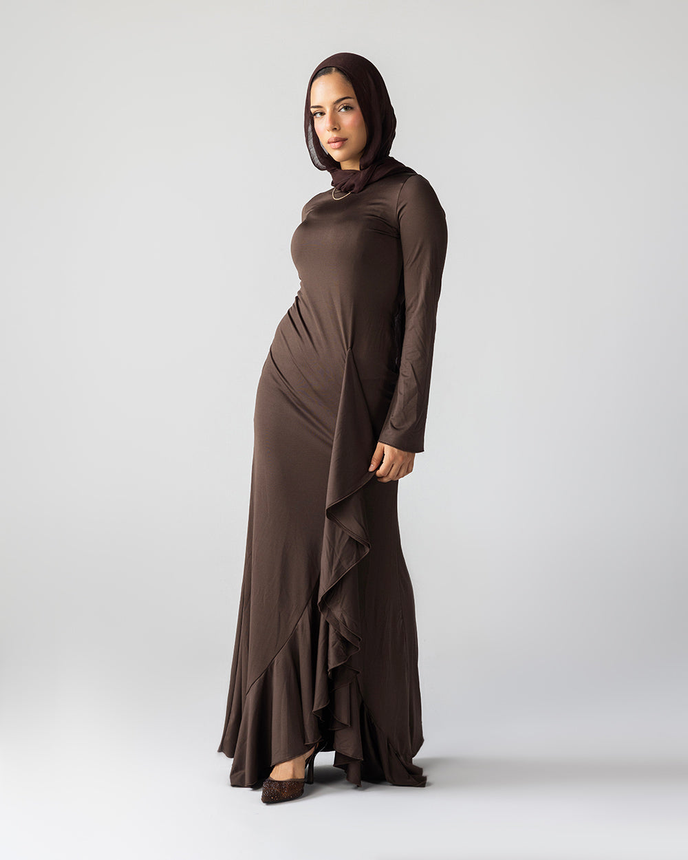 Ruffled Dress In Chocolate Brown