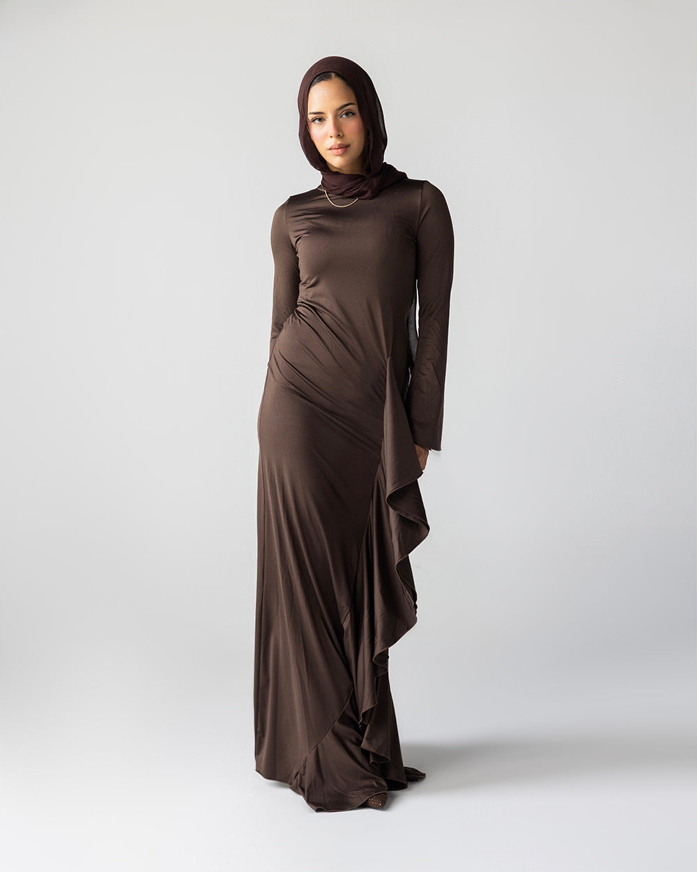 Ruffled Dress In Chocolate Brown