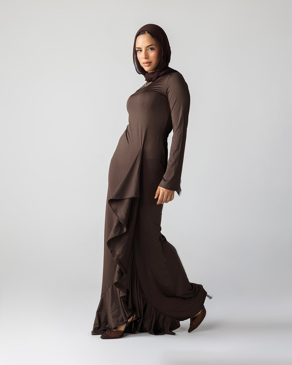 Ruffled Dress In Chocolate Brown